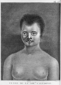 Új-Kaledóniai nő, Benard metszett (18. század) illusztrációja a „James Cook kapitány második útja, 1774-ből”